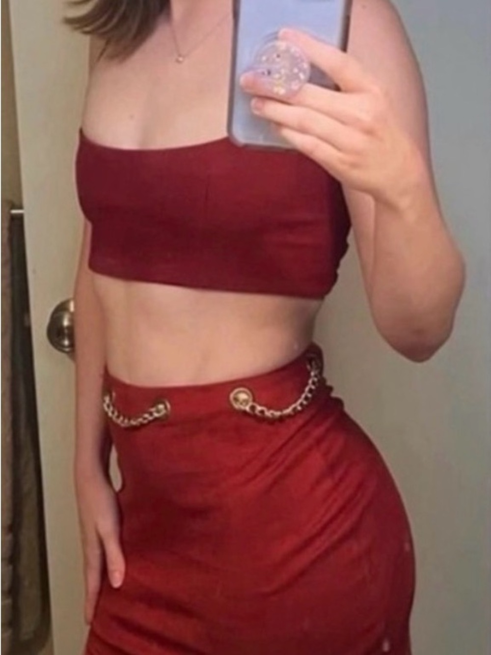 Oh Polly Red Two Piece Set - Chain Detail Mini Skirt & Lace Back Crop Top (US S)